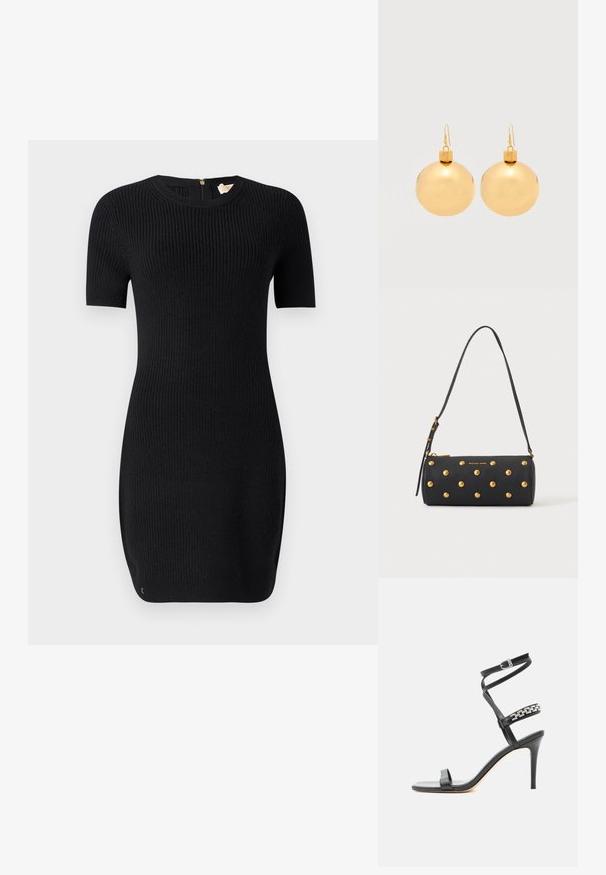 Vestido negro de punto con textura acanalada, mangas cortas y escote redondo. Cuenta con una cremallera en la parte posterior y una forma ajustada.; Sandalia negra de tacón alto con tira delgada en el tobillo, tira en la parte media del pie decorada con eslabones de cadena plateados y diseño de punta abierta.; Bolso de mano negro cilíndrico con tachuelas doradas y correa ajustable para el hombro, con el logo "Michael Kors" en dorado en la parte delantera.; Par de pendientes de bola navideña dorados brillantes con cierre de gancho sobre un fondo blanco liso.