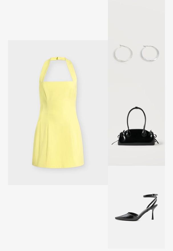 Μαν sleeveless κίτρινο φόρεμα με λαιμόκοψη halter, εφαρμοστό μπούστο και φούστα που ανοίγει, παρουσιάζεται σε απλό ανοιχτό γκρι φόντο.; Μαύρη γόβα μυτερή με λεπτά λουράκια στον αστράγαλο και ασημένια πόρπη σε απλό ανοιχτό φόντο.; Μικρή μαύρη γυαλιστερή τσάντα με δύο μακριές λαβές και λεπτομέρειες με ρυθμιζόμενο κορδόνι στο πλάι σε απλό ανοιχτό φόντο.; Ασημένια μεταλλικά σκουλαρίκια κρίκοι με λεία, ελαφρώς κυρτή επιφάνεια και κλειδαριά τύπου latch-back σε απλό λευκό φόντο.