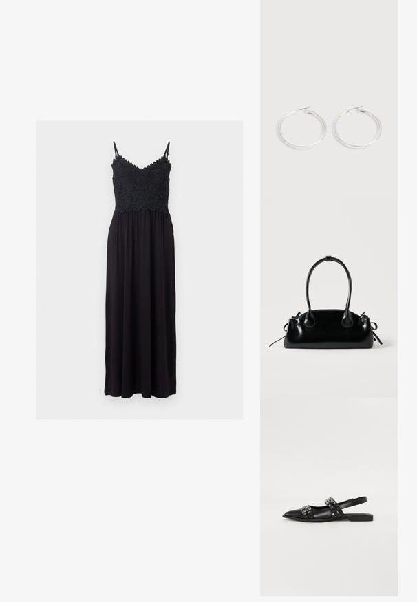 Robe maxi noire sans manches avec bretelles spaghetti et détail en dentelle florale sur le corsage, cintrée à la taille avec une jupe fluide.; Even&Odd Ballerines à brides arrière - black; Petit sac à main noir brillant avec deux longues anses et des détails à cordon sur les côtés sur un fond clair uni.; Paire de boucles d'oreilles créoles argentées brillantes avec fermoirs en fil fin, présentée sur un fond gris clair.