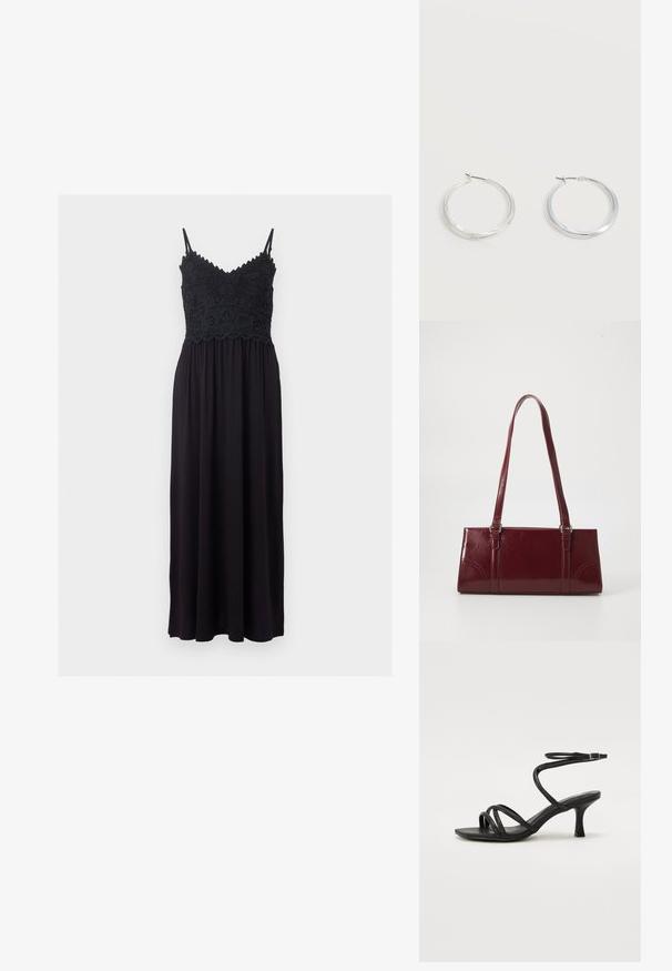 Robe maxi noire sans manches avec bretelles spaghetti et détail en dentelle florale sur le corsage, cintrée à la taille avec une jupe fluide.; Even&Odd Wide Fit Sandales - black; Sac à main bordeaux en matériau brillant, de forme rectangulaire, avec deux anses et des accents légèrement courbés à l'avant.; Boucles d’oreilles créoles en métal argenté avec une surface lisse légèrement incurvée et des fermoirs à clapet sur un fond blanc uni.