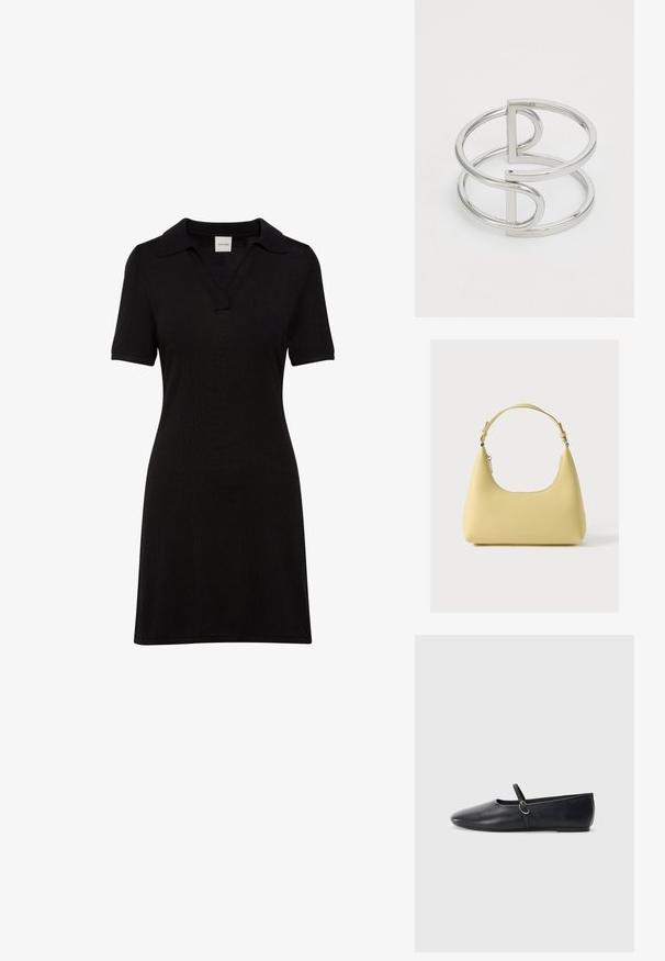 Robe-polo noire à manches courtes avec col et encolure en V, silhouette ajustée, en tissu côtelé.; Ballerines noires en cuir avec un bout pointu, une semelle plate et une petite sangle avec un détail de boucle en argent.; Sac à main en cuir jaune avec une silhouette incurvée, une bandoulière courte réglable et un compartiment zippé. Présente un logo subtil à l'avant.; Bracelet en métal argenté avec un design à double boucle, fini lisse et brillant, et un accent géométrique minimaliste.