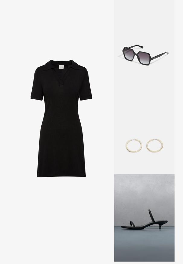 Robe-polo noire à manches courtes avec col et encolure en V, silhouette ajustée, en tissu côtelé.; Sandale à talon Calvin Klein noire avec des lanières fines, posée sur des carreaux en bois en plein air près d'un mur et de la verdure.; Lunettes de soleil hexagonales noires avec des verres dégradés, dotées d'une finition brillante et d'un marquage subtil sur la branche. Construction en plastique durable.; Boucles d'oreilles créoles en métal doré avec une finition lisse et polie, dotées d'une fermeture sécurisée et d'un design circulaire minimaliste.