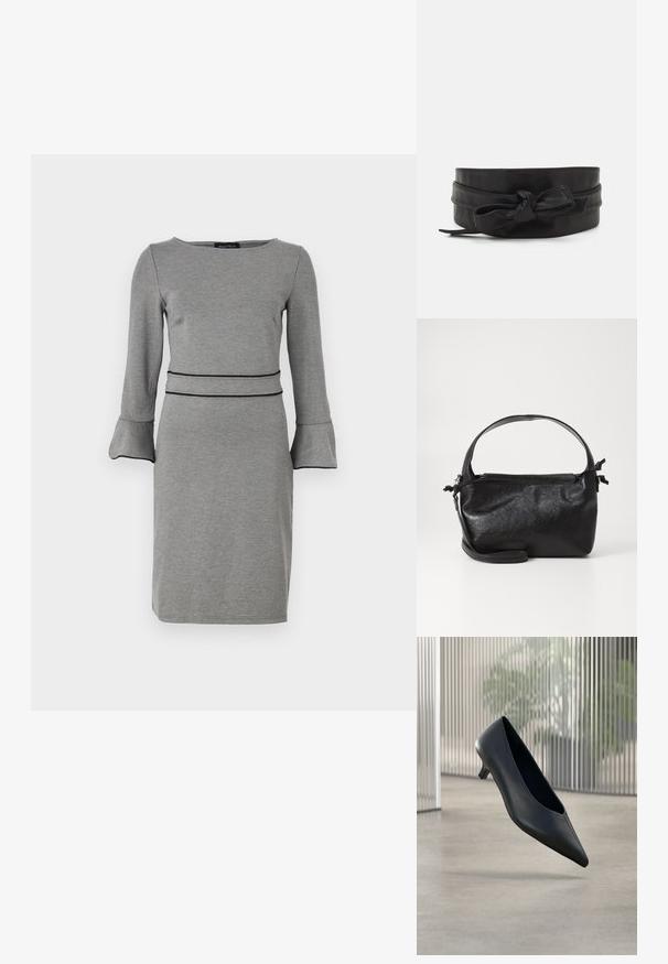 Robe grise en tissu doux avec des manches longues, des poignets évasés, un col rond et une taille définie par une ceinture noire.; Chaussure noire à talon kitten à bout pointu flottant au-dessus d'un sol en béton lisse avec des panneaux translucides verticaux en arrière-plan.; Sac à main en cuir noir au design structuré, avec une poignée arrondie et une bandoulière amovible. Présente une texture lisse et un éclat subtil.; Ceinture en cuir noir avec une texture lisse, design à bande large, mettant en avant un accent noué à l'avant et une forme simple et épurée.