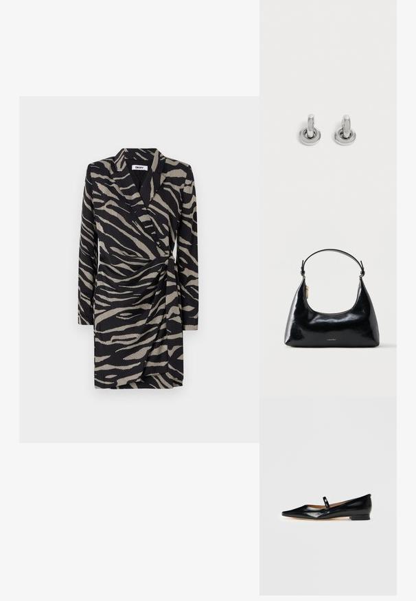 Sort omslagskjole med zebra mønster i beige. Lange ærmer og en rynket talje detalje forbedrer designet.; Sorte patenterede læder Mary Jane flade sko med spids tå, én rem og lav hæl på ensfarvet baggrund.; Sort blank Calvin Klein håndtaske med gyldent lynlås og kort rem mod en ensfarvet hvid baggrund.; Par små, skinnende sølv hoops med rund base, vist på en ensfarvet lys baggrund.