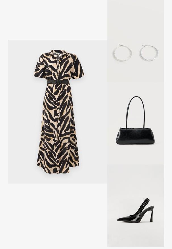 Vestido largo de botones con estampado animal en negro y beige, mangas cortas y un cinturón negro con una hebilla circular en la cintura.; Zapato de tacón con tirante en negro de charol, punta afilada, tacón alto y delgado, y doble tira elástica para un ajuste seguro. Superficie suave y brillante.; Bolso de hombro rectangular negro con correas largas y delgadas y una textura lisa y brillante sobre un fondo liso.; Pendientes de aro de metal plateado con superficie lisa y ligeramente curvada y cierre de tipo mosquetón sobre un fondo blanco liso.