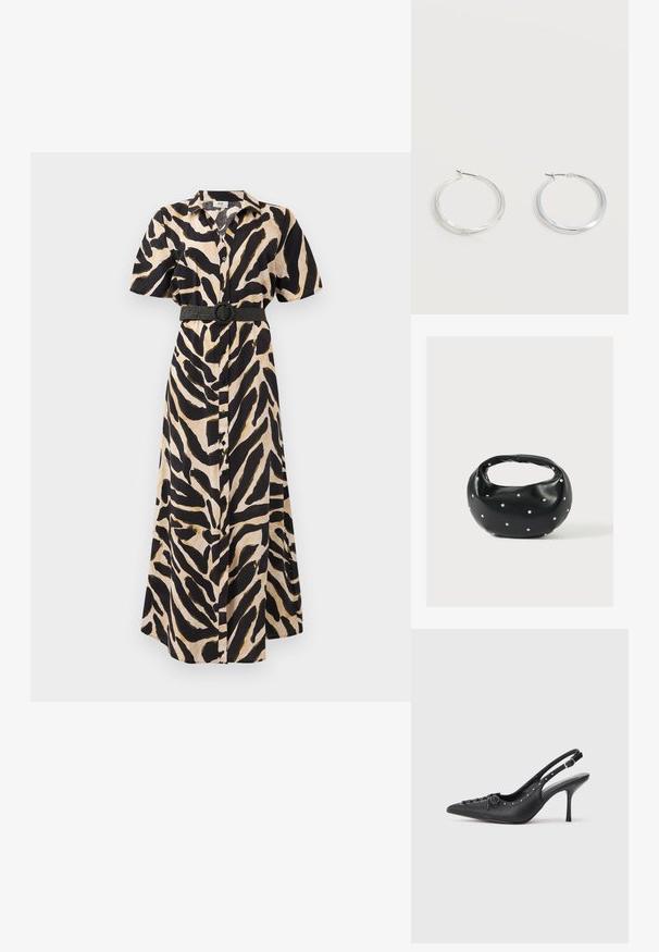 Lange, knoopdoorlopende jurk met een zwart en beige dierenprint, korte mouwen en een zwarte riem met een ronde gesp in de taille.; Zwarte leren slingback stiletto met spitse neus, zijgesp met gesp, studs langs de rand en decoratieve veters aan de voorkant.; Zwarte leren handtas met een afgeronde vorm, versierd met zilveren studs, en een korte handgreep. Gladde textuur en ritsluiting.; Zilverkleurige metalen creolen oorbellen met een glad, licht gebogen oppervlak en sluitingen met haaksluiting op een effen witte achtergrond.