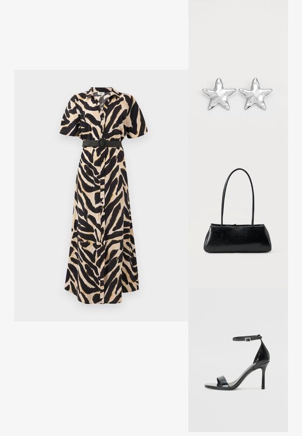 Robe longue à boutons, présentant un imprimé animal noir et beige, des manches courtes et une ceinture noire avec une boucle circulaire à la taille.; Sandale à talon haut en cuir verni noir avec un bout ouvert, une seule lanière à l'avant et une lanière de cheville ajustable.; Sac à épaule rectangulaire noir avec de longues bretelles fines et une texture lisse et brillante sur un fond uni.; Boucles d'oreilles argentées en forme d'étoile, avec une surface lisse et brillante. Chaque boucle d'oreille possède cinq pointes et des détails subtils de texture de surface.