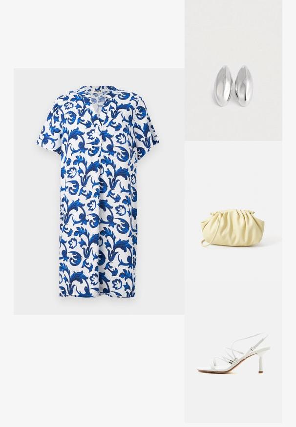 Korte mouwen, jurk tot de knie met een V-hals, met een blauw bloemenpatroon op een witte achtergrond, gemaakt van lichtgewicht stof.; Witte sandaal met hoge hak en dunne bandjes, zilveren accenten, een vierkante neus en een smalle middenhoge hak op een effen witte achtergrond.; Geel geplooide handtas van soepel nepleer, met een zachte vorm, een enkele schouderriem en een verzameld ontwerp aan de bovenkant.; Een paar gladde, glanzende zilveren ovale objecten die naast elkaar zijn geplaatst op een eenvoudige witte achtergrond.