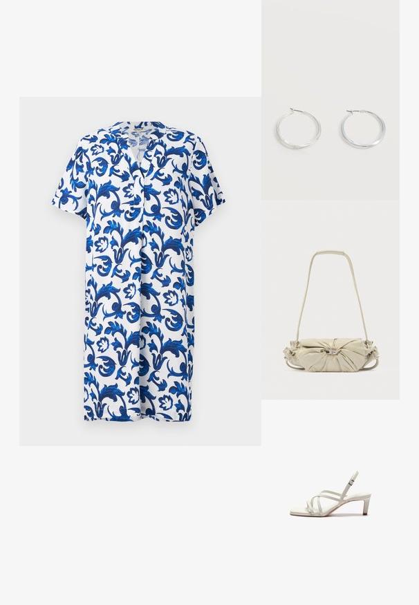 Vestido de manga curta, até ao joelho, com decote em V, apresentando um padrão floral azul sobre um fundo branco, feito de um tecido leve.; Zign Saltos clássicos - off white; Mala de ombro em pele bege com design franzido e detalhe de fivela prateada, equipada com uma alça longa e uma seção de pega acolchoada.; Brincos de argola de metal prateado com superfície lisa, ligeiramente curva, e fecho de pressão, sobre fundo branco liso.