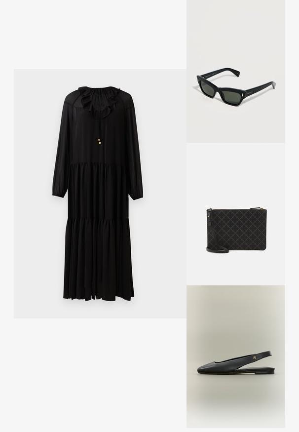 Sort langærmet kjole med rynket halsudskæring, elastisk talje og tieret skørt. Lavet af et letvægtsstof. Enkle guldelementer.; Sort læder slingback flad sko med spids tå og guldt logo accent på remmen, vist på en neutral baggrund.; Sorte rektangulære solbriller med mørke linser og tynde arme, McQueen-logo på siden, hvilende på en hvid overflade.; Sort læder clutch med et struktureret diamantmønster, guldfarvet lynlås og aftagelig rem. Glat overflade og rektangulær form.