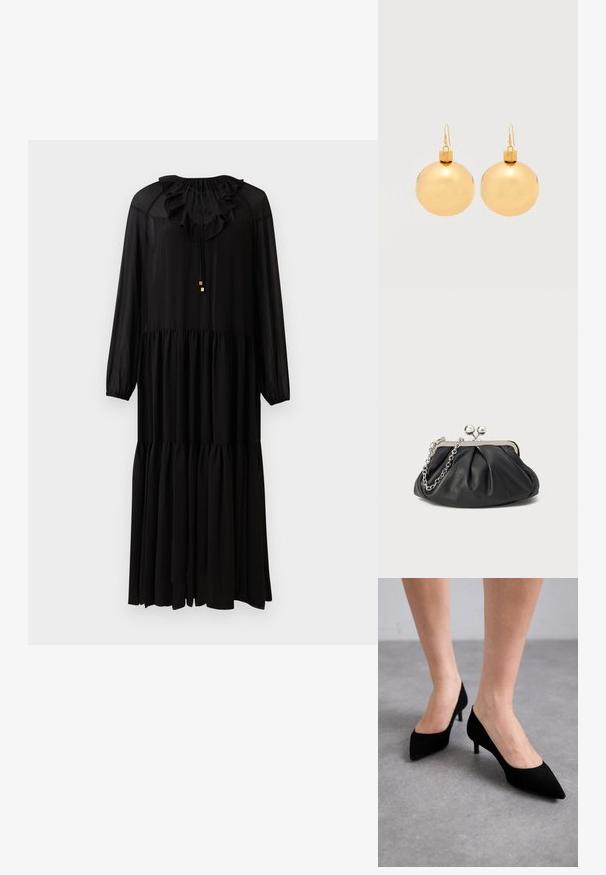 Zwarte lange mouwen jurk met een rimpelnek, elastische taille en gelaagde rok. Gemaakt van een lichtgewicht stof. Eenvoudige gouden hardware accenten.; Zwarte suède pump met spitse neus en een slanke, klassieke middelhoge hak en brede opening, afgebeeld op blote voeten tegen een grijze achtergrond.; Zwarte leren clutch met geplooide textuur, zilverkleurig metalen frame, drukknopsluiting en kettingriem. Glad, zacht oppervlak.; Een paar glanzende gouden kerstbal-oorbellen met haaksluitingen op een effen witte achtergrond.