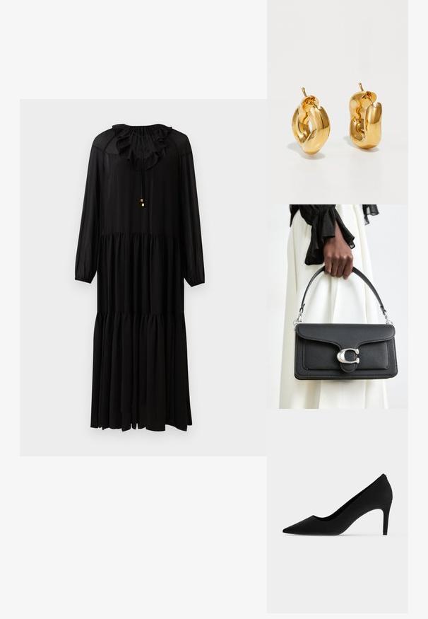 Schwarzes langärmliges Kleid mit einem rüschierten Ausschnitt, elastischer Taille und gestuftem Rock. Hergestellt aus einem leichten Stoff. Schlichte goldene Hardware-Akzente.; Schwarzer High-Heel-Schuh mit spitzer Spitze, schlankem Absatz und matter, glatter Oberfläche, seitlich auf weißem Hintergrund gezeigt.; Eine dunkelhäutige Hand hält eine schwarze Lederhandtasche mit einem silbernen "C"-Verschluss vor weißen Kleidungsstücken und einem schwarzen Rüschensleeve.; Fette goldene Creolen mit einem leicht verdrehten, röhrenförmigen Design und Steckverschlüssen auf einem weißen Hintergrund.