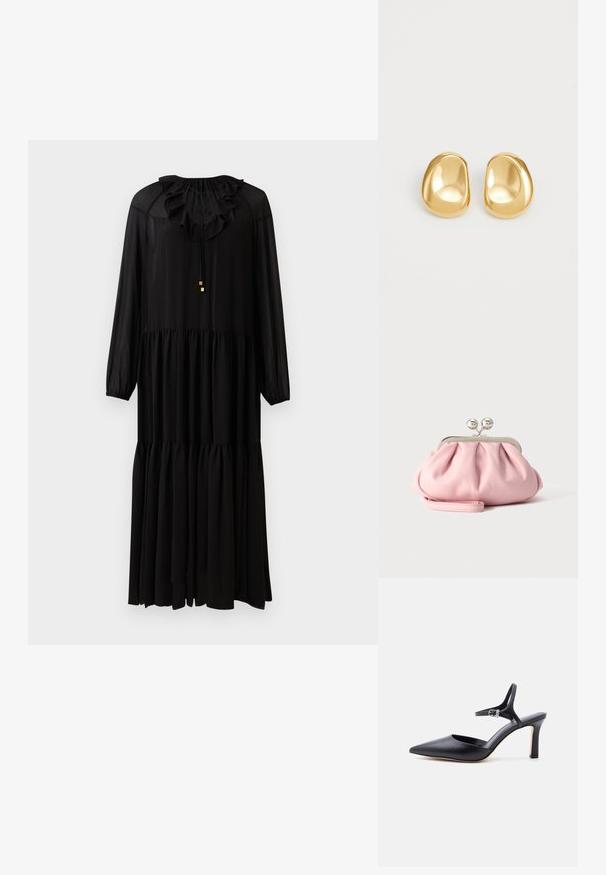 Schwarzes langärmliges Kleid mit einem rüschierten Ausschnitt, elastischer Taille und gestuftem Rock. Hergestellt aus einem leichten Stoff. Schlichte goldene Hardware-Akzente.; Schwarzer spitzer High Heel mit dünnem Knöchelriemen und silberner Schnalle, glatte Lederoberfläche, eleganter Damenschuh.; Kleine weiche rosa Clutch mit silbernem Metallrahmen und rundem Verschluss, liegend auf einer flachen hellen Oberfläche mit gefaltetem Handgelenksriemen vorne.; Goldfarbene Ohrstecker mit einer glatten, runden Form und einer reflektierenden Oberfläche, die ein minimalistisches Design ohne sichtbare Muster zeigen.