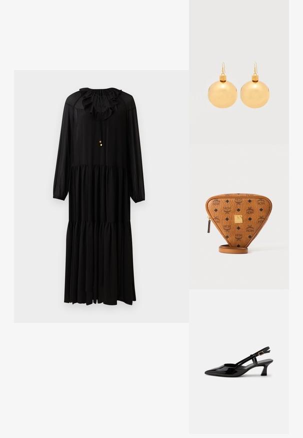 Schwarzes langärmliges Kleid mit einem rüschierten Ausschnitt, elastischer Taille und gestuftem Rock. Hergestellt aus einem leichten Stoff. Schlichte goldene Hardware-Akzente.; Schwarzer Slingback-Pumps aus Lackleder mit spitzer Spitze und verstellbarem goldfarbenem Riemen auf weißem Hintergrund.; Braune dreieckige Leder-Crossbody-Tasche mit schwarzen MCM-Logos, goldener Metallmarkenplakette und Reißverschlusszug auf weißem Hintergrund.; Paar glänzende goldene Weihnachtskugel-Ohrringe mit Hakenverschlüssen auf einfachem weißem Hintergrund.