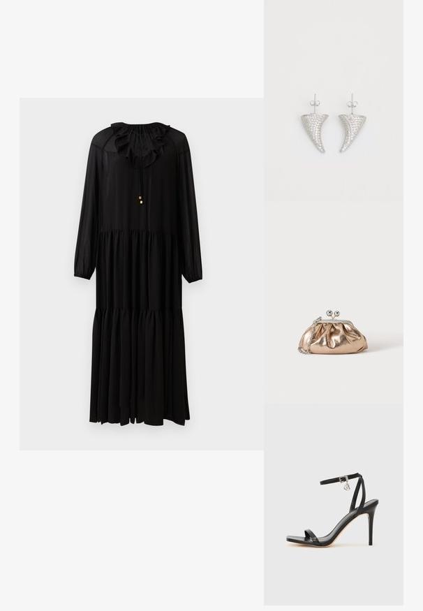 Schwarzes langärmliges Kleid mit einem rüschierten Ausschnitt, elastischer Taille und gestuftem Rock. Hergestellt aus einem leichten Stoff. Schlichte goldene Hardware-Akzente.; Schwarze High-Heel-Sandale mit schmalem Knöchelriemen, quadratischer Zehenbox, glattem Leder und metallischem Schnallenakzent.; Kleine goldene Metallic-Clutch mit silbernem Verschluss und Kettengurt auf einfachem hellem Hintergrund.; Silberne, hornförmige Ohrringe, besetzt mit kleinen klaren Steinen, mit einem Steckverschluss zur Befestigung. Glatte Textur und metallisches Finish.