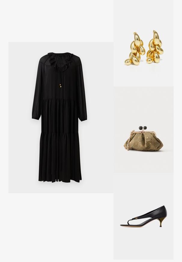 Schwarzes langärmliges Kleid mit einem rüschierten Ausschnitt, elastischer Taille und gestuftem Rock. Hergestellt aus einem leichten Stoff. Schlichte goldene Hardware-Akzente.; Schwarze Sandale aus Leder mit niedrigem Pfennigabsatz, schmalem Zehenriemen und goldfarbenem Emblem an der Seite.; Kleine Clutch mit goldenem und schwarzem geometrischem Muster, goldfarbenem Metallrahmen, schwarzem Kugelverschluss und kurzem goldfarbenem Kettenriemen.; HUGO KREIT PISTIL CHAIN - Ohrringe - gold-coloured