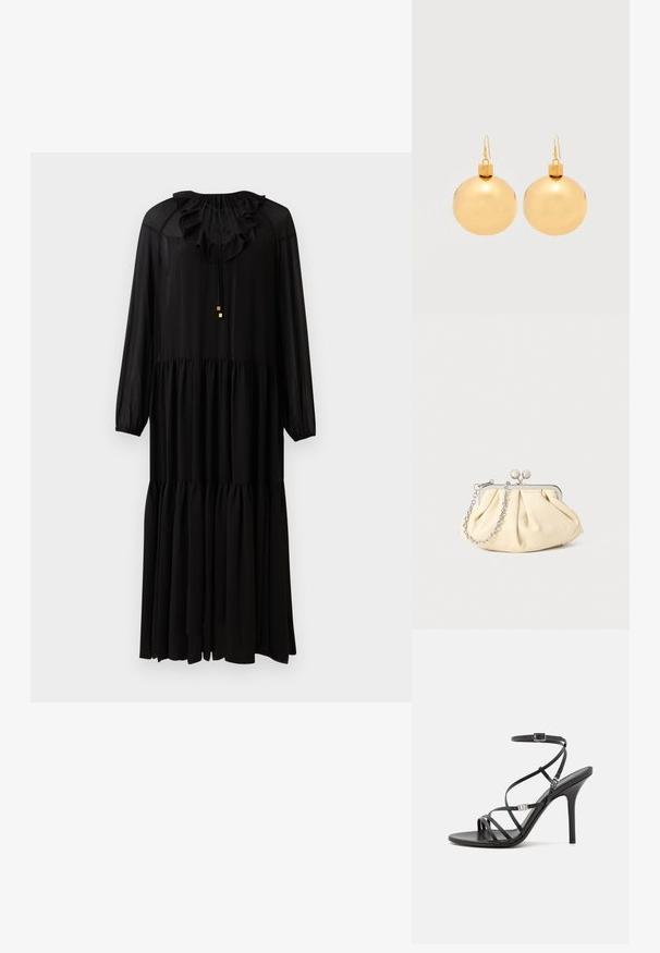 Schwarzes langärmliges Kleid mit einem rüschierten Ausschnitt, elastischer Taille und gestuftem Rock. Hergestellt aus einem leichten Stoff. Schlichte goldene Hardware-Akzente.; Schwarze High-Heel-Sandale mit dünnen Riemen, einem Knöchelverschluss, einer glatten Lederoberfläche und einem schlanken Stiletto-Absatz.; Faltige beigefarbene Ledertasche mit einem silbernen Metallrahmen, ausgestattet mit zwei runden dekorativen Verschlüssen und einem silbernen Kettenriemen.; Paar glänzende goldene Weihnachtskugel-Ohrringe mit Hakenverschlüssen auf einfachem weißem Hintergrund.