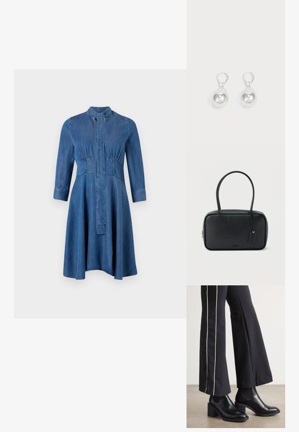 Denimkleit, millel on terved bodice, pikad varrukad, püstitatud krae ja laienev seelik; sisaldab nööpidega esipaneeli ja kogutud detaile.; Mustad nahast pahklu_bootid, millel on ploki konts ja elastsed külgpaneelid. Kombineeritud mustade pükstega, millel on valge küljeriba.; Must ristkülikukujuline käekott, millel on kaks ümardatud sangad, kuldne tõmblukk ja esiküljel reljeefne "HUGO" logo koos kinnitatud nahkmärgiga.; Hõbedased langenud kõrvarõngad, millel on siledad, ümmargused, peegeldavad pinnad, mis ripuvad klamberkinnituselt. Taust on lihtne valge.
