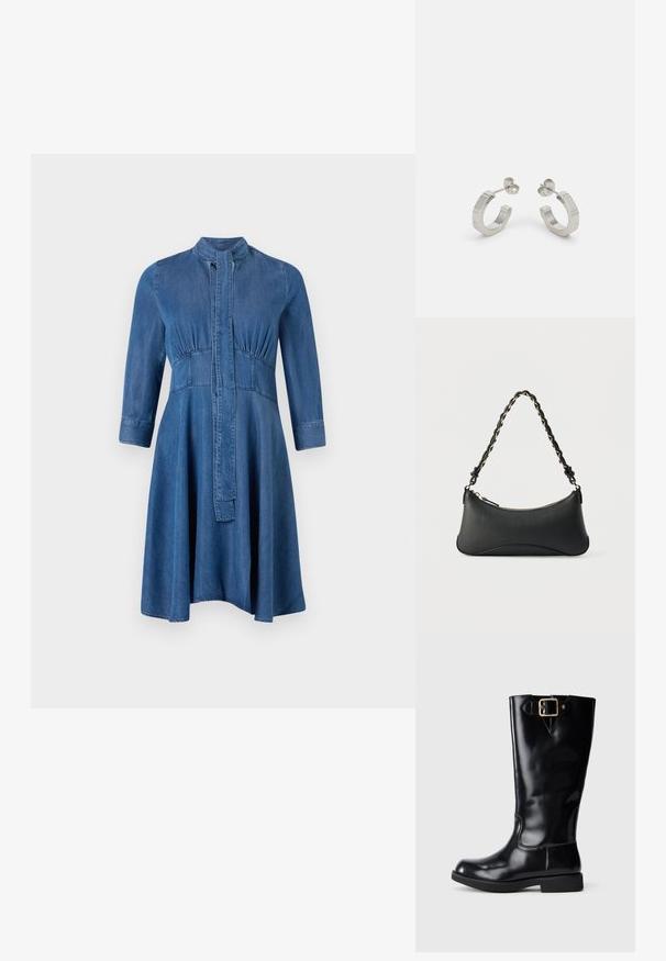 Denimkjole med en tætsiddende top, lange ærmer, stående krave og en svajende nederdel; har en knaplukning foran og samlet detalje.; Sorte knæhøje støvler lavet af glat, skinnende læder. Har en guldfarvet spænde og en lav, flad sål med diskrete syningsdetaljer.; Sort skuldertaske i læder med en buet rektangulær form, gyldent kæde vævet ind i en flettet sort rem og toplynlås.; Sølv metal hoop øreringe med et tekstureret design, der har en lille post bagpå og branding på en af øreringene. Rund form med en poleret overflade.