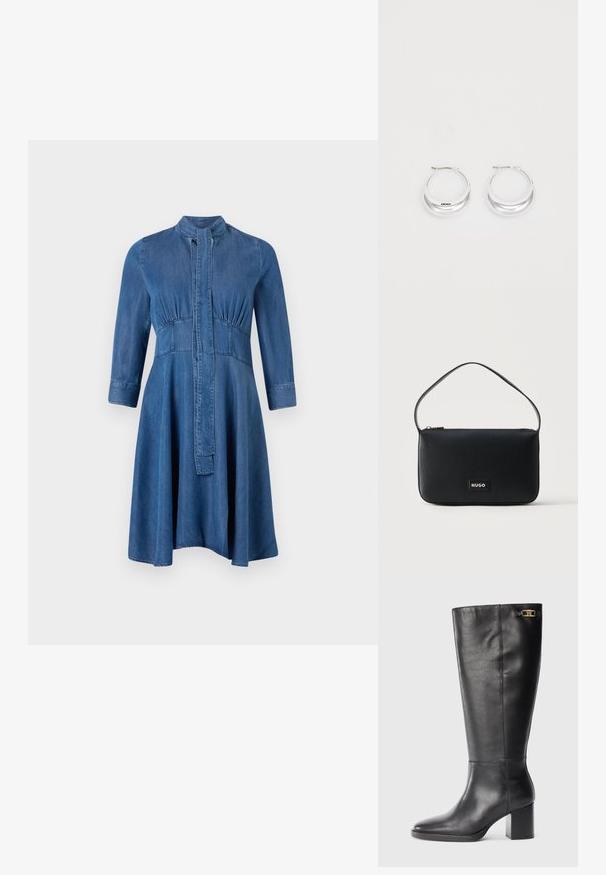 Denim jurk met een getailleerde lijfje, lange mouwen, staande kraag en een uitlopende rok; heeft een knoopsluiting aan de voorkant en geplooide details.; Zwarte leren kniehooglaars met een blokhak, puntige neus en gouden hardwareaccent nabij de bovenkant. Gladde textuur met minimale stiksels.; Zwarte rechthoekige leren schoudertas met een kleine gouden "HUGO" logo patch en een enkele dunne band.; Zilveren creolen met een gepolijste afwerking en DKNY-branding, weergegeven tegen een effen witte achtergrond.