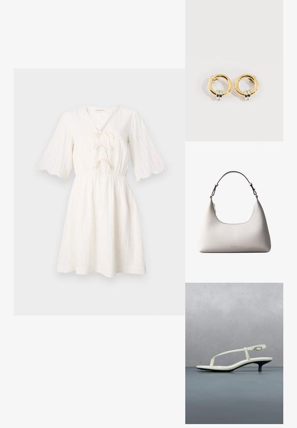 Vestido blanco con escote en V y frente con cordones, que presenta mangas cortas y acampanadas y una cintura fruncida, hecho de tela texturizada.; Sandalia blanca de tacón kitten con tiras y punta afilada, flotando sobre un suelo de baldosas de madera al aire libre, con un fondo desenfocado de plantas y pared.; Bolso de hombro de cuero color crema de Calvin Klein con borde superior curvado, cremallera plateada y correa ajustable marrón oscuro.; Pendientes circulares de oro con dos pequeños anillos de plata en cada uno, que muestran detalles sutiles del nombre de la marca grabado, colocados sobre un fondo blanco.