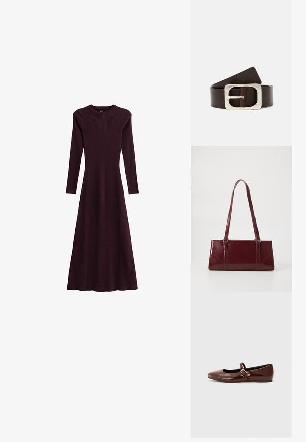 Robe longue maroon côtelée à manches longues avec un col rond, une silhouette fluide et une coupe longue, confectionnée en tissu stretch.; Ballerine en cuir verni marron avec un bout carré et une lanière ornée d'une petite boucle dorée. Texture lisse, talon bas et design minimaliste.; Sac à main bordeaux en matériau brillant, de forme rectangulaire, avec deux anses et des accents légèrement courbés à l'avant.; Ceinture en cuir marron avec une boucle rectangulaire en argent et une texture lisse, dotée d'une extrémité effilée pour un ajustement de taille.