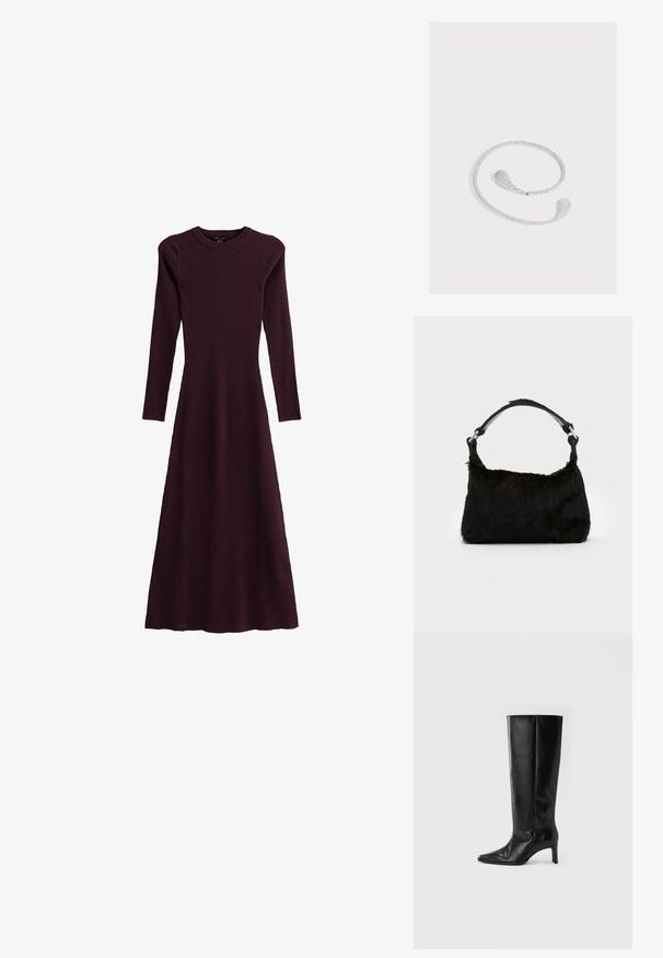 Vestido largo de manga larga de canalé en color marrón burdeos, con escote redondo, silueta fluida y diseño de longitud completa, hecho de tejido elástico.; Botas negras hasta la rodilla hechas de cuero suave, con punta puntiaguda y tacón delgado, con caña ajustada y diseño minimalista.; Bolso de mano de piel sintética negra con una textura suave, forma redondeada y una resistente correa de cuero negro para el hombro. Acentos de herrajes plateados visibles.; Diadema flexible plateada con brillo y extremos en forma de gota, mostrada sobre un fondo gris claro.