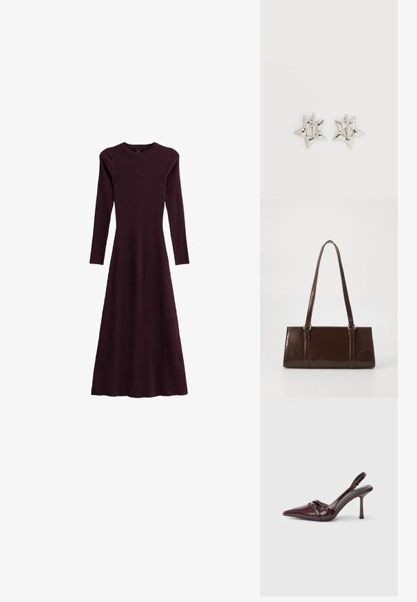 Geribbelde bordeauxrode lange mouwen jurk met een ronde halslijn, vloeiende silhouet en een ontwerp tot de enkel, gemaakt van rekbaar materiaal.; Bordeauxrode lakleren slingback met puntige neus, dunne enkelband en kleine decoratieve gespsluiting. Gladde textuur en hoge hak.; Bruine lakleren handtas met een rechthoekige vorm, twee lange handvatten en subtiele gebogen accenten aan de voorkant.; Zilverkleurige stervormige oorringen met een gladde, gepolijste afwerking op een effen witte achtergrond.