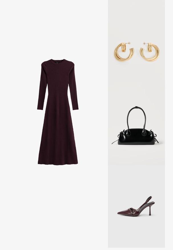 Geribbelde bordeauxrode lange mouwen jurk met een ronde halslijn, vloeiende silhouet en een ontwerp tot de enkel, gemaakt van rekbaar materiaal.; Bordeauxrode lakleren slingback met puntige neus, dunne enkelband en kleine decoratieve gespsluiting. Gladde textuur en hoge hak.; Kleine zwarte glanzende handtas met twee lange hengsels en zijkant trekkoord details op een effen lichte achtergrond.; Set glanzende gouden dubbele lus oorbellen met stekertjes op een witte achtergrond.