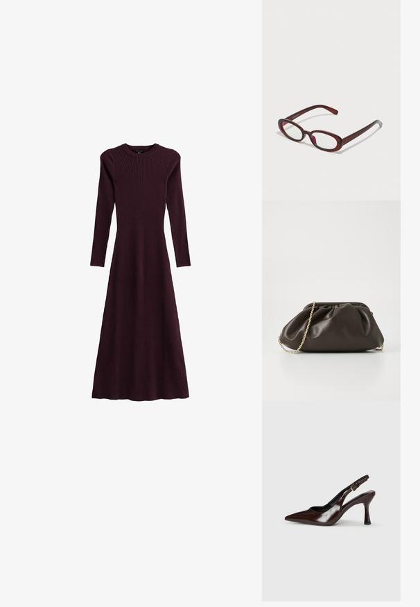 Geribbelde bordeauxrode lange mouwen jurk met een ronde halslijn, vloeiende silhouet en een ontwerp tot de enkel, gemaakt van rekbaar materiaal.; Bruine gepatineerde leren slingback pumps met een spitse neus, een dunne hak en een verstelbaar bandje met een kleine gesp.; Ovaalvormige rode zonnenbril met heldere lenzen en slanke bruine montuur. Het ontwerp heeft subtiele rondingen en minimale hardware.; Bruine leren handtas met een geaccentueerd ontwerp, gouden kettinghengsel en een zachte, textuurafwerking. Compacte vorm geschikt voor avondgebruik.