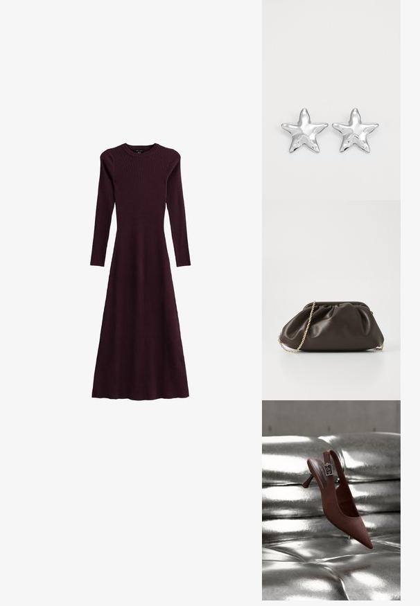 Vestido largo de manga larga de canalé en color marrón burdeos, con escote redondo, silueta fluida y diseño de longitud completa, hecho de tejido elástico.; Zapato slingback marrón con punta, tacón bajo y correa con hebilla, reposando sobre una superficie acolchada plateada metálica y brillante.; Bolso de mano de cuero marrón con un diseño fruncido, correa de cadena dorada y un acabado suave y texturizado. Forma compacta adecuada para uso nocturno.; Pendientes en forma de estrella plateada con una superficie pulida y brillante. Cada pendiente presenta cinco puntas y sutiles detalles de textura en la superficie.