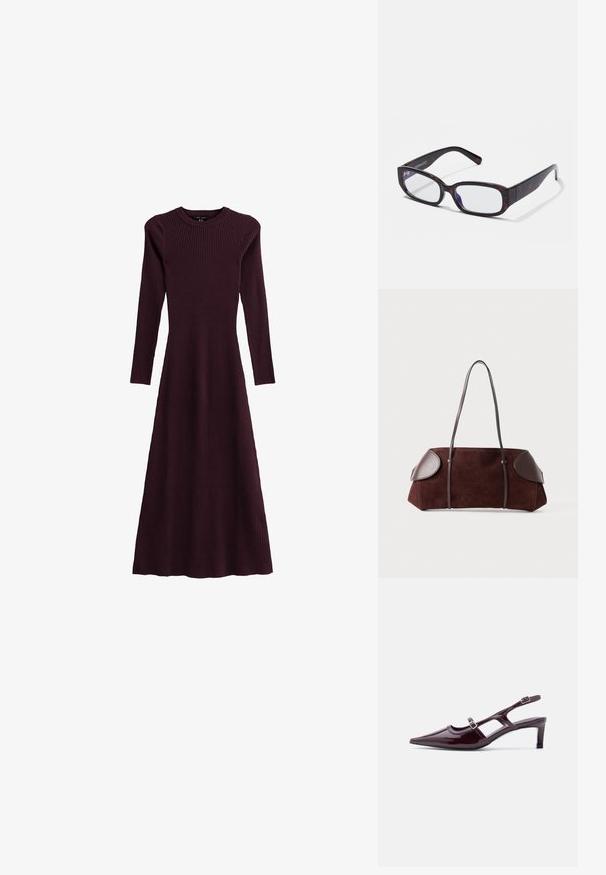 Vestido largo de manga larga de canalé en color marrón burdeos, con escote redondo, silueta fluida y diseño de longitud completa, hecho de tejido elástico.; Zapato slingback de charol burdeos con punta puntiaguda, tacón bajo y doble correa ajustable con hebilla.; Gafas rectangulares de carey marrón con lentes transparentes y patillas elegantes, que muestran una textura suave y un diseño minimalista.; Bolsa de ante marrón con acentos de cuero, forma estructurada, doble strap para el hombro y bordes redondeados, con una textura suave y hardware minimal.