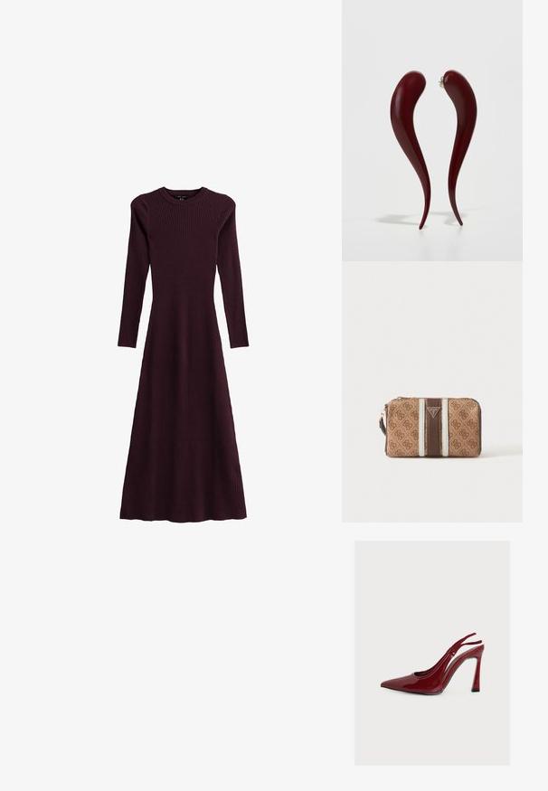 Geribbelde bordeauxrode lange mouwen jurk met een ronde halslijn, vloeiende silhouet en een ontwerp tot de enkel, gemaakt van rekbaar materiaal.; Rode hooggehakte slingback schoen van lakleer met spitse neus en stilettohak, in profiel weergegeven op een effen witte achtergrond.; Bruine en beige Guess polsportemonnee met monogrampatroon, gouden ritssluiting, zijbandje, witte verticale strepen en driehoekig logo aan de voorzijde in het midden.; Rode, glanzende oorbellen met een golvende, langwerpige vorm die naar een punt taps toelopen, voorzien van een stud-achterkant voor bevestiging.