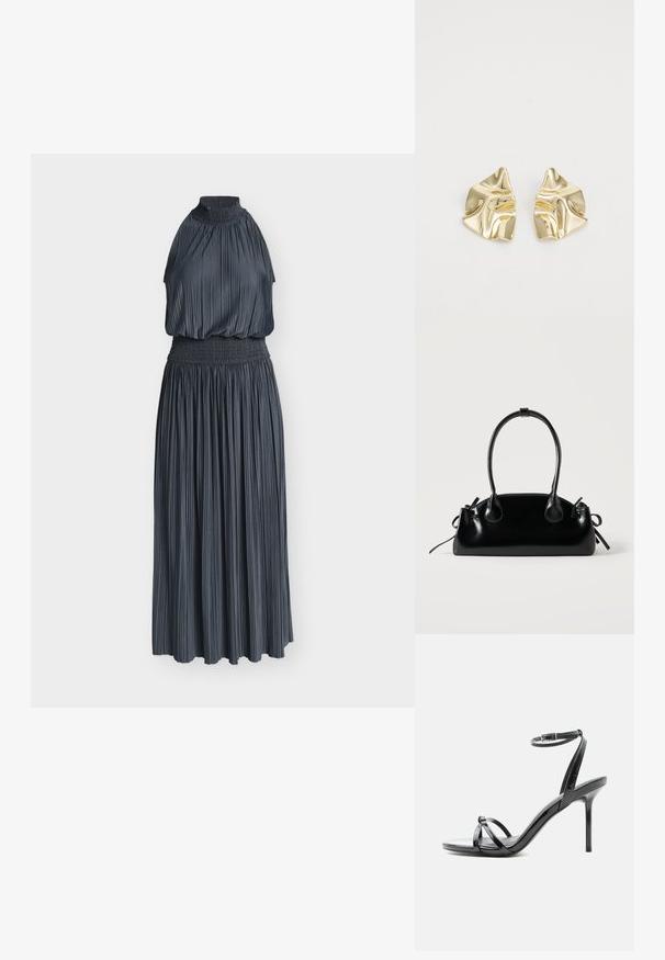 Robe maxi plissée sans manches gris foncé avec col haut froncé et large ceinture smockée.; Sandale à talon haut en cuir verni noir avec de fines lanières croisées sur les orteils et une sangle à boucle à la cheville sur fond blanc.; Petit sac à main noir brillant avec deux longues anses et des détails à cordon sur les côtés sur un fond clair uni.; Boucles d'oreilles en métal doré avec un design ondulé ; surface lisse et réfléchissante ; forme asymétrique ; sans motifs ni éléments visibles.