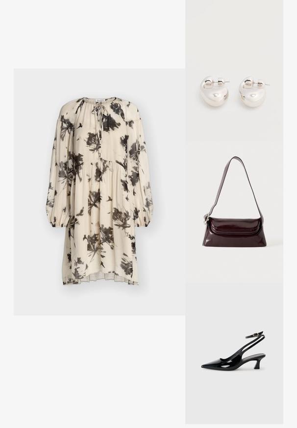 Robe crème à manches longues avec imprimé floral et oiseaux noirs, taille froncée, poignets élastiques et détail noué au col.; Escarpins à brides arrière en cuir verni noir, à bout pointu, avec un petit talon carré et une sangle de cheville ajustable dotée d'une boucle dorée.; Sac à bandoulière en cuir bordeaux foncé avec fermeture à rabat et une fine sangle réglable, présenté sur un fond clair uni.; Paire de boucles d'oreilles argentées brillantes et épaisses avec fermoirs à tige, sur fond blanc uni.
