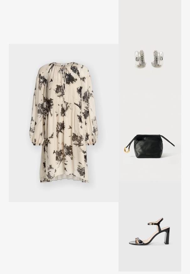 Robe crème à manches longues avec imprimé floral et oiseaux noirs, taille froncée, poignets élastiques et détail noué au col.; Sandale à talons hauts en cuir verni noir avec une bride au niveau de la cheville, bout ouvert et talon carré. Texture lisse et design minimaliste.; Pochette en cuir noir de forme arrondie, avec des accents en métal doré et une seule bandoulière. Logo "Coccinelle" en or en bas.; Paire de boucles d'oreilles créoles en argent, chacune avec une moitié lisse et une moitié ornée de petits strass clairs.