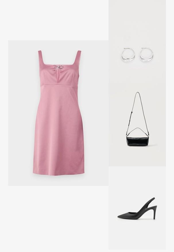 Robe sans manches rose clair avec un col carré, dotée d'un petit nœud décoratif et d'un corsage ajusté qui se prolonge en jupe droite.; Escarpins à talon aiguille en cuir noir, avec un design à bout pointu, présentant une découpure à l'avant et un talon fin.; Sac bandoulière rectangulaire en cuir noir avec bandoulière ajustable, fermeture éclair sur le dessus et petit logo Calvin Klein doré sur le devant.; Boucles d'oreilles en argent avec une finition polie et un branding DKNY, présentées sur un fond blanc uni.