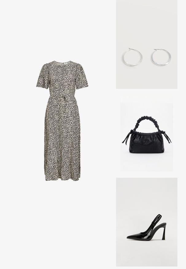 Robe midi beige avec des pois noirs irréguliers, manches courtes, encolure ronde et ceinture à nouer à la taille.; Escarpin en cuir verni noir à talon aiguille, à bout pointu, avec une sangle élastique double pour un maintien sécurisé. Surface lisse et brillante.; Sac à main noir avec texture crocodile, bord supérieur froncé, poignée plissée et pompons à cordon de chaque côté sur fond blanc.; Boucles d’oreilles créoles en métal argenté avec une surface lisse légèrement incurvée et des fermoirs à clapet sur un fond blanc uni.