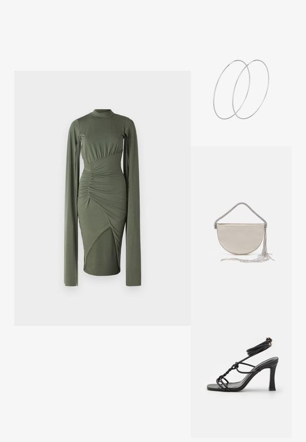 Pitkähihainen oliivinvihreä mekko, jossa on korkea kaula-aukko, ribattuja sivusaumoja ja epäsymmetrisiä paneeleja, jotka luovat vartalonmyötäisen siluetin. Sleek kangas.; DeeZee Korolliset sandaalit - black; Beige satiininen puolikuukotelo, jossa on kiiltävä hopeinen ketjusolka ja tuviken yksityiskohdat. Suora pinta ja minimalistinen muotoilu.; Hopehope hopeilla, joissa on minimalistinen muotoilu. Pyöreä muoto, sileä pinta ja ohut profiili. Kevyet ja kiillotetut.