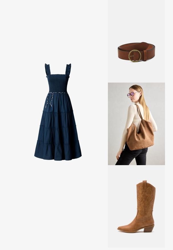 Robe bleu marine sans manches avec bretelles à volants, corsage smocké, jupe à étages et ceinture tressée blanche et bleu marine à la taille.; Bottes de cow-boy en cuir tan avec un bout pointu, des motifs en spirale brodés sur la tige, et un talon bloc empilé. Équipées d'une languette pour un enfilage facile.; Sac fourre-tout en daim marron avec une texture douce, grande ouverture et longues sangles. Présente un design simple avec des coutures visibles et sans matériel.; Ceinture en cuir marron avec une boucle en laiton ronde, présentant une texture lisse et des coutures contrastées le long des bords.