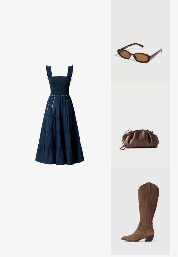 Robe bleu marine sans manches avec bretelles à volants, corsage smocké, jupe à étages et ceinture tressée blanche et bleu marine à la taille.; Bottine cowboy en daim marron avec un bout pointu, une tige de hauteur moyenne, des coutures décoratives sur les côtés et un talon en bois empilé.; Lunettes de soleil ovales en écaille avec des verres teintés marron et des branches fines reposant sur une surface blanche.; Sacoche en cuir marron doux avec un haut froncé et une fine bandoulière, posée sur un fond blanc.