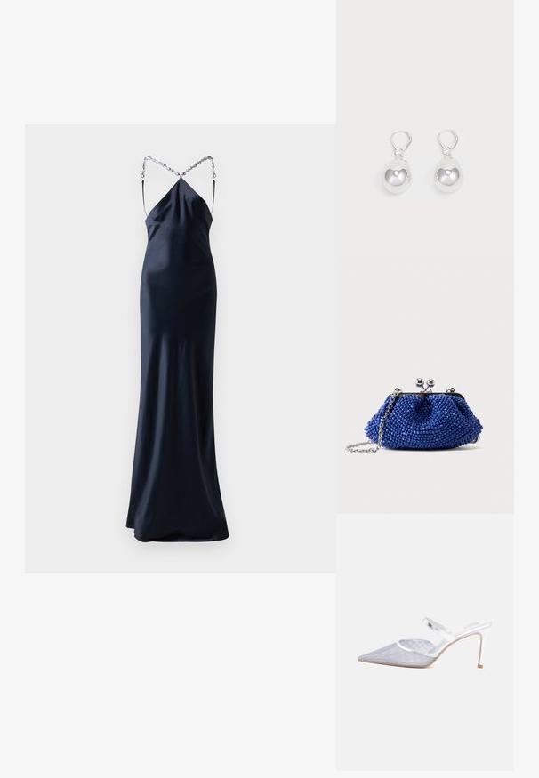 Lang, aansluitend, marineblauw satijnen jurk met spaghettibandjes. Heeft een gekruist rugontwerp met een zilveren kettingaccent. Soepele, glanzende textuur.; Zilverkleurige mule met puntige neus, hoge hak, twee dunne riempjes en stilettohak op een witte achtergrond.; Kleine blauwe kralenclutch met zilveren sluiting en kettingriem, liggend op een effen lichtgrijze achtergrond.; Zilveren druppeloorbellen met gladde, ronde, reflecterende oppervlakken die hangen aan klapring-sluitingen. Achtergrond is puur wit.