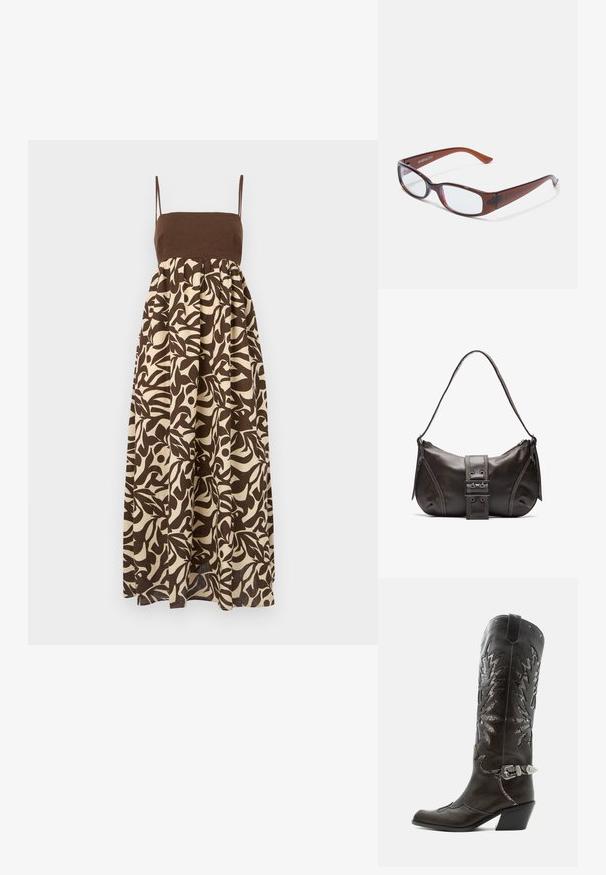 Brun og off-white trykt maxi-kjole med tætsiddende top, tynde stropper og udsvungne skirt, der har organisk bladmønster.; Sort læder cowboystøvle med dekorative udskæringer, sølvspænde og skrå hæl, vist på hvid baggrund.; Brune-farvede rektangulære briller med en glat overflade, der har slanke arme og gennemsigtige linser. Logoet er synligt på venstre temple.; Brun læder skuldertaske med en buet form, der har et fremtrædende spænde, kontrasterende syninger og en enkelt skulderrem.