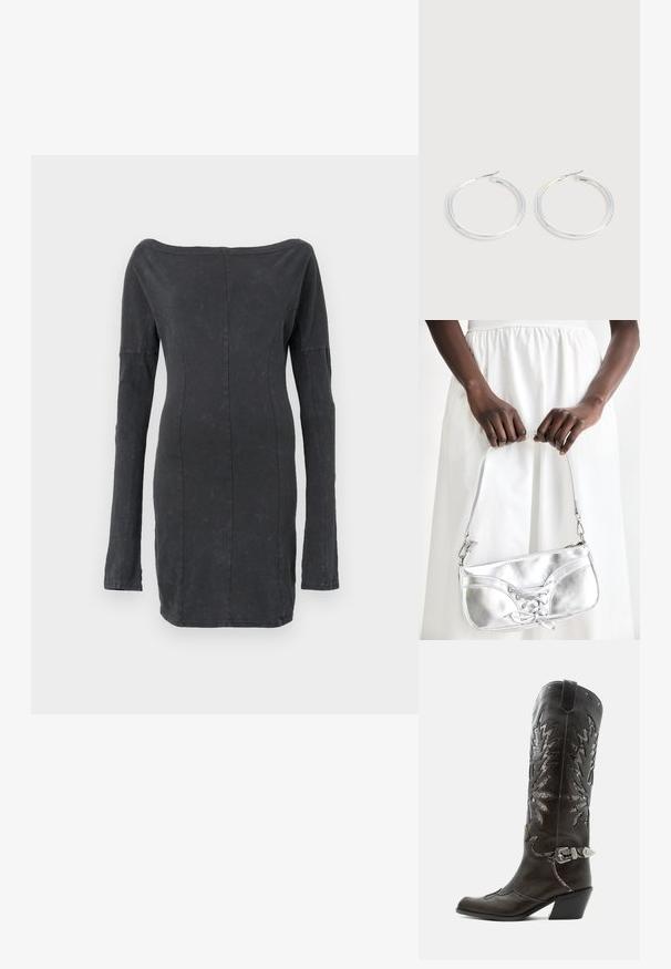 Robe noire ajustée, décolletée sur les épaules avec des manches longues, offrant une texture lisse et un léger éclat, avec des coutures sur mesure tout au long.; Botte de cowboy en cuir noir avec découpes décoratives, boucle argentée et talon incliné, présentée sur fond blanc.; Sac à main en métal argenté avec un détail à lacets, arborant un design épuré et une courte sangle. Le sac est tenu dans les mains, mettant en valeur sa texture.; Paire de boucles d'oreilles créoles argentées brillantes avec fermoirs en fil fin, présentée sur un fond gris clair.