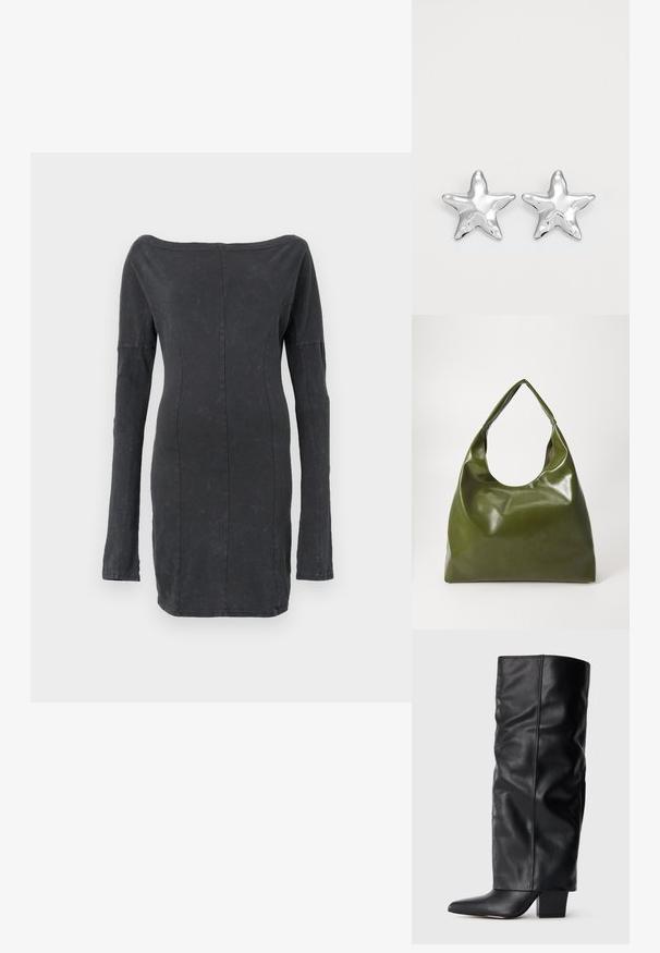 Sort, tætsiddende off-the-shoulder kjole med lange ærmer, har en glat tekstur og en subtil glans, med skræddersyede sømdetaljer gennem hele kjolen.; Sorte læderknæhøje støvler med et slouchy design, spidse tå og en kraftig firkantet hæl. Glat tekstur med minimale syningsdetaljer.; Grøn læder hobo taske med en slouchy design, buet håndtag og glat tekstur. Indeholder ingen synlig hardware eller accenter.; Sølvstjernede øreringe med en poleret, blank overflade. Hver ørering har fem spidser og subtile teksturdetaljer på overfladen.