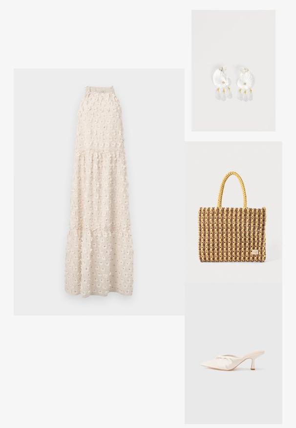 Robe maxi beige clair avec broderie florale, col licou, couches à volants et finition texturée. Dotée de liens réglables au cou.; Chaussure mule en tissu beige clair avec un design noué à l'avant, bout pointu et talon fin et effilé. Texture lisse dans l'ensemble.; Sac tissé marron et jaune, de forme rectangulaire, avec deux poignées, et une finition texturée avec des coutures visibles et une étiquette de marque.; Boucles d'oreilles en résine transparente en forme de coquillage avec de petits accents dorés et trois breloques translucides en forme de goutte pendantes sur chaque boucle d'oreille.