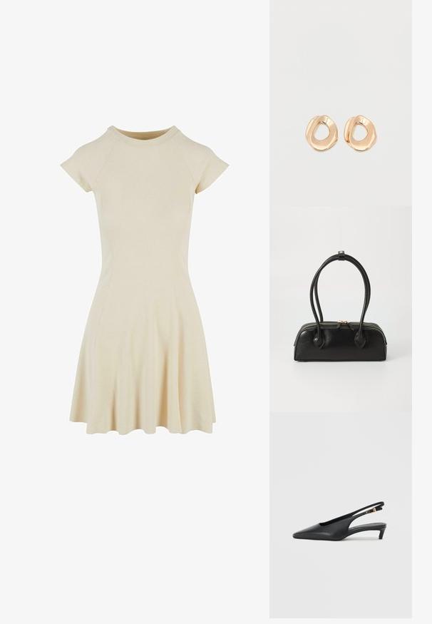 Robe crème côtelée avec un bustier ajusté, des manches raglan courtes et une jupe évasée. Texture lisse et décolleté rond simple.; Des escarpins à talon ouvert noirs avec un bout pointu, une texture en cuir lisse, un petit talon aiguille, et une sangle avec un accent de boucle en métal.; Sac à main en cuir noir avec deux anses allongées, fermeture éclair et forme arrondie ; texture lisse avec une finition légèrement brillante.; Paired boucles d'oreilles en métal doré poli de forme irrégulière avec un centre ouvert sur un fond blanc uni.