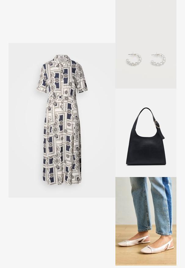 En kortærmet, knælang kjole med et geometrisk mønster i marineblå og cremefarvet, med knapper og krave. Letvægtsstof.; Lyserøde slingback flade sko med spidse tær, lavet af et glat læderlignende materiale. Har udskæringsdetaljer på siderne og en flad hæl.; Sort læder tote taske med en glat overflade, rund form og en enkelt skulderrem med et cirkulært guld hardware-ornament.; Sølv creoler prydet med klare, facetslebne krystaller, med bagstykke og gennemsigtige ørestoppere på hvid baggrund.