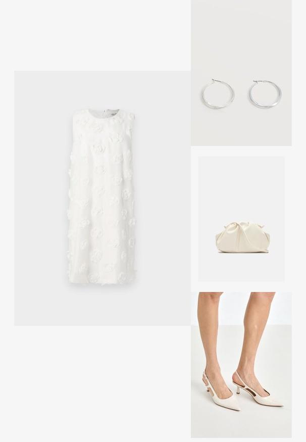 Weißes ärmelloses Kleid aus strukturiertem Stoff mit 3D-Blumenapplikationen. Runder Ausschnitt und gerade Silhouette, knielanges Design.; Beige Lackleder Slingback-Absätze mit spitzem Fuß und 5 cm Absatz, mit ausgeschnittenen Seiten und einem schmalen Knöchelriemen.; Weiche, cremefarbene Leder-Clutch mit gerafftem Design und einem dünnen Schulterriemen, der vorne auf einem schlichten Hintergrund liegt.; Silberne Metallcreolen mit glatter, leicht gebogener Oberfläche und Klappverschluss vor schlicht weißem Hintergrund.