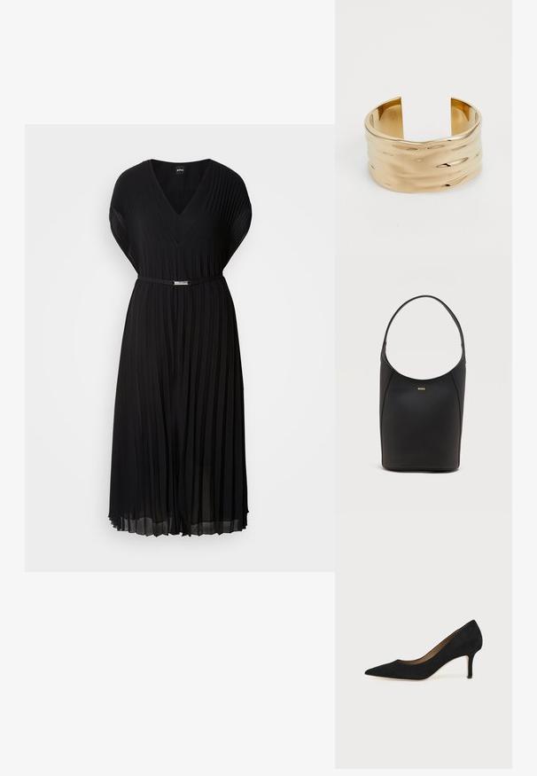 Robe noire plissée avec décolleté en V et manches courtes, dotée d'une fine ceinture avec une boucle métallique à la taille. Texture de tissu douce.; Escarpin en daim noir à bout pointu avec un talon stiletto fin de hauteur moyenne et un design à coupe basse sur un fond uni.; Sac seau en cuir noir avec une seule bandoulière et un petit logo BOSS doré centré près du haut à l'avant.; Bracelet en or avec un design ondulé, texture lisse et extrémités ouvertes. La surface réfléchissante présente des courbes douces et de subtils reflets de lumière.
